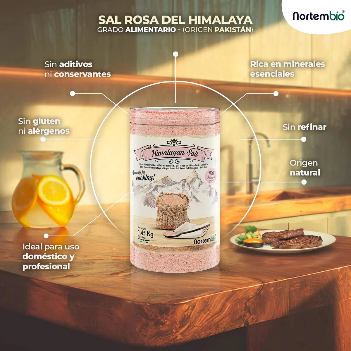 Nortembio Sal Rosa del Himalaya 1,35 kg Grano Fino (1–2 mm) Origen Pakistán Sal Mineral Natural sin Refinar para Uso Culinario. Gratis eBook con Recetas!