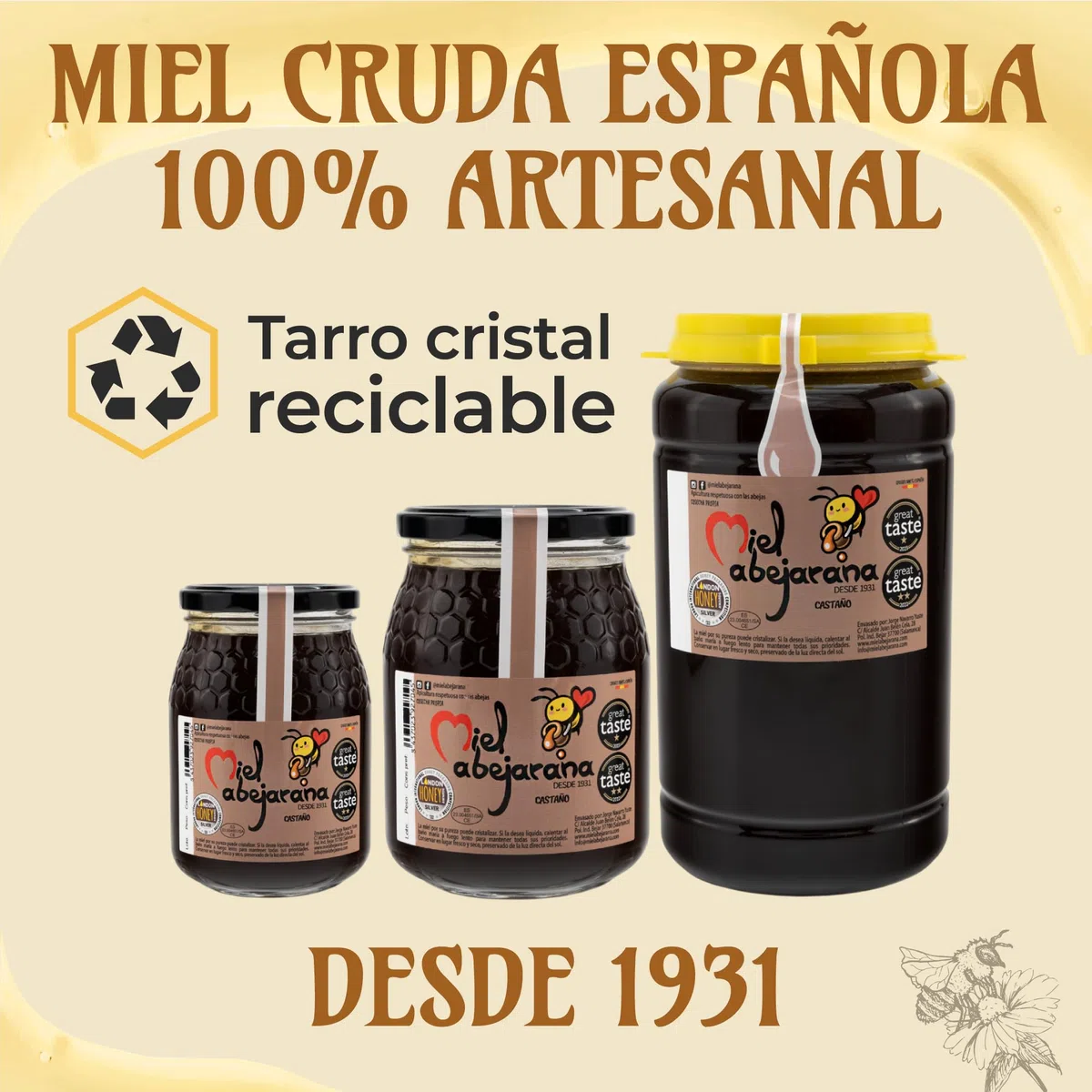 Miel de Castaño 1 kg Cruda Sin Filtrar Ni Pasteurizar Pura de Abeja y Natural Conserva sus Propiedades al ser Recolectada en Frio Sabor Suave y Equilibrado Origen España Envase Reutilizable