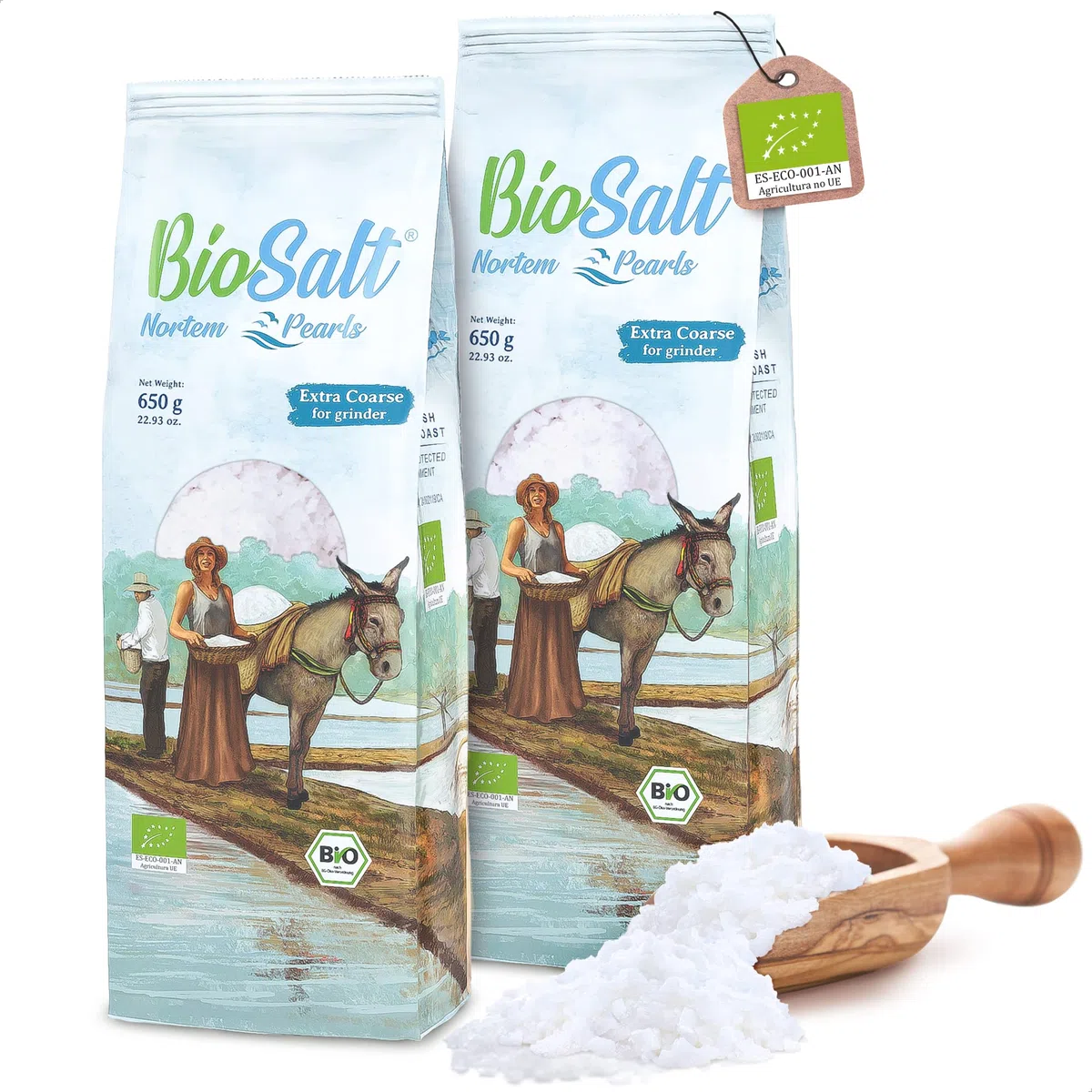 BioSalt Sal Marina Virgen Ecológica 2 x 650 g Extra Gruesa Sal de Cádiz 100% Natural Sin Refinar y Rica en Minerales + Sal Gourmet Cocina Saludable + eBook Exclusivo de Recetas Gourmet