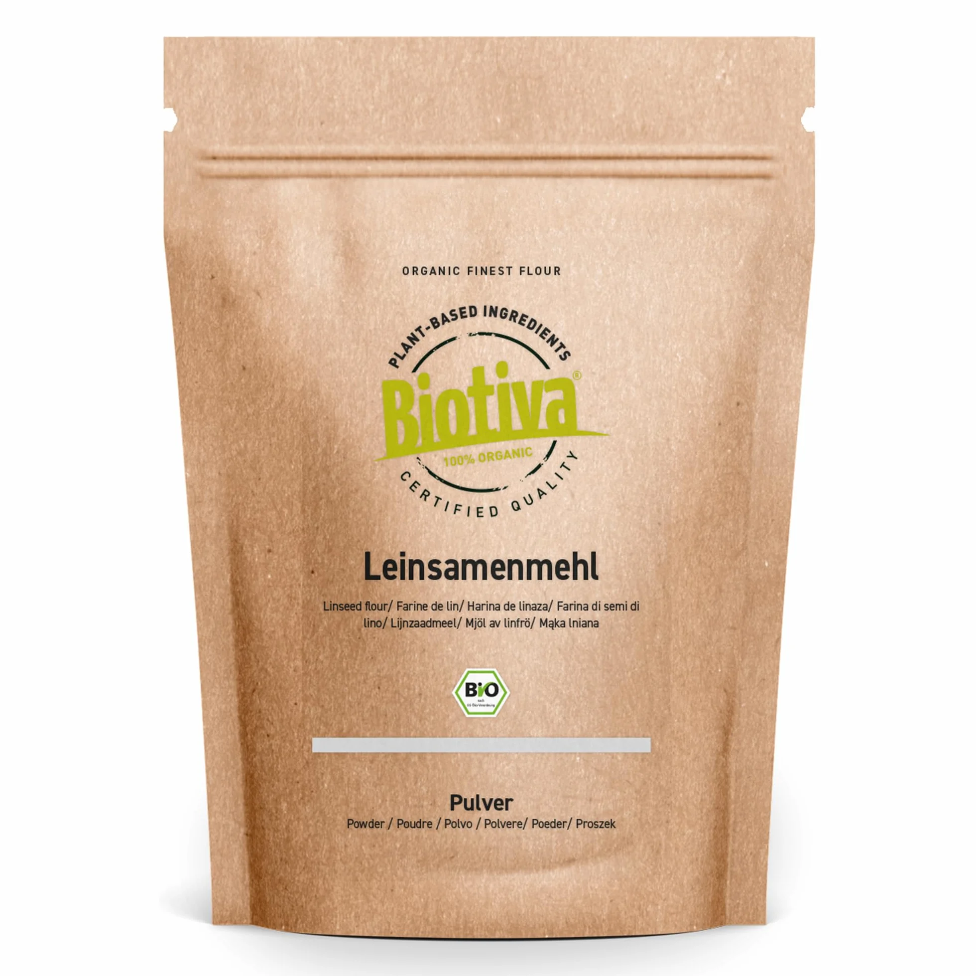 Biotiva Harina de Linaza orgánica 1000g - harina baja en carbohidratos - sin gluten, sin soja, sin lactosa - sustitito de la harina de trigo - certificada y controlada en Alemania