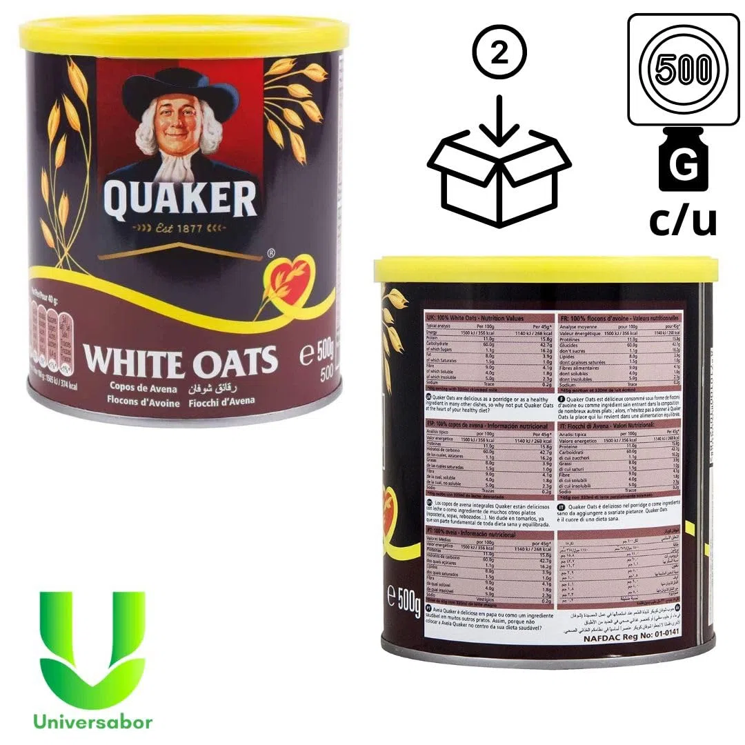 Pack de Avena Quaker 500g Empaque de 2 | Avena Natural| Fuente de Fibra y Energía | Ideal para Desayunos Saludables
