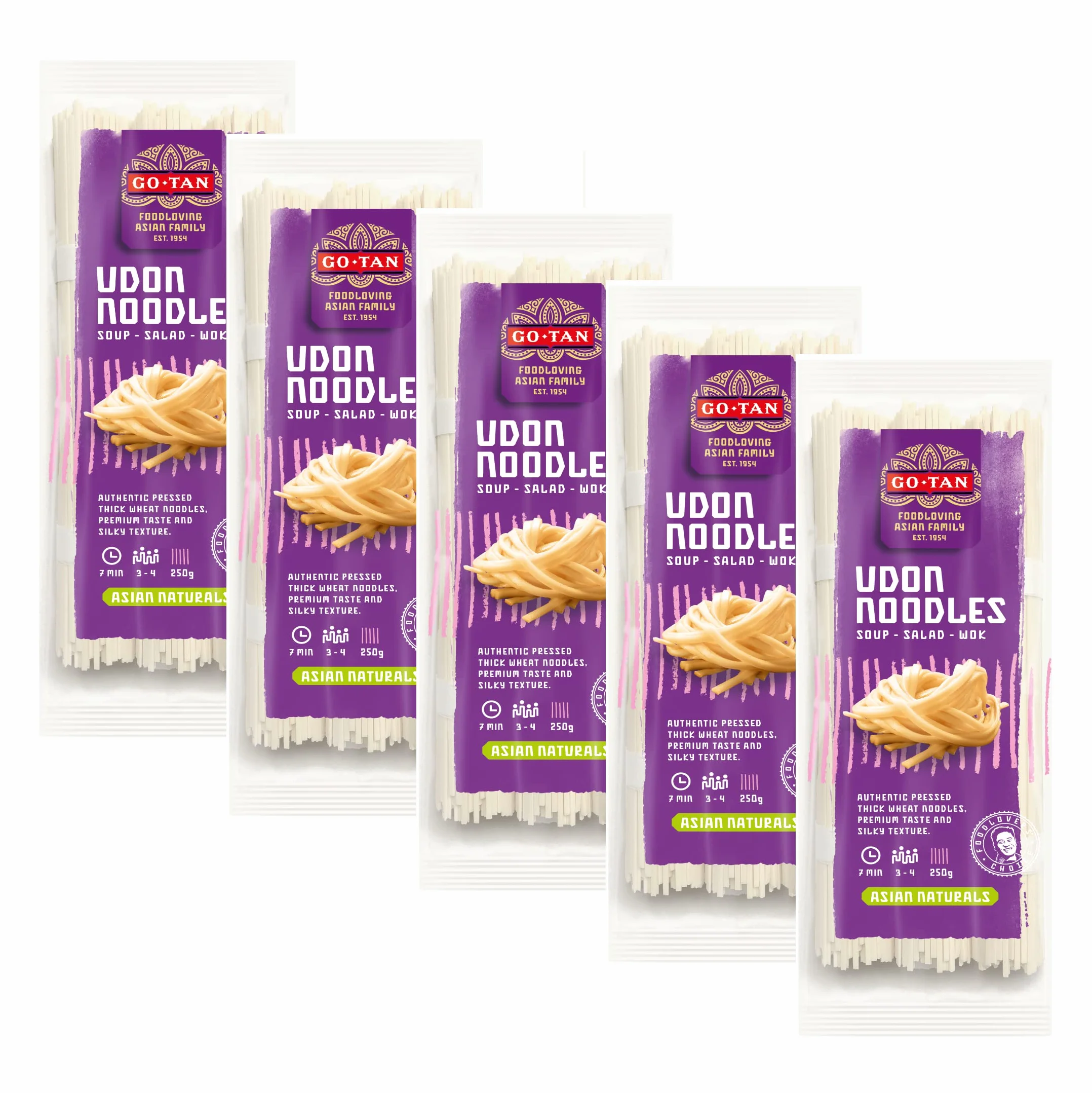 Go-Tan | Fideos Udon Pasta Japonesa | Fideos Japoneses | Harina De Trigo Blanda - 5 x 250 Gramos