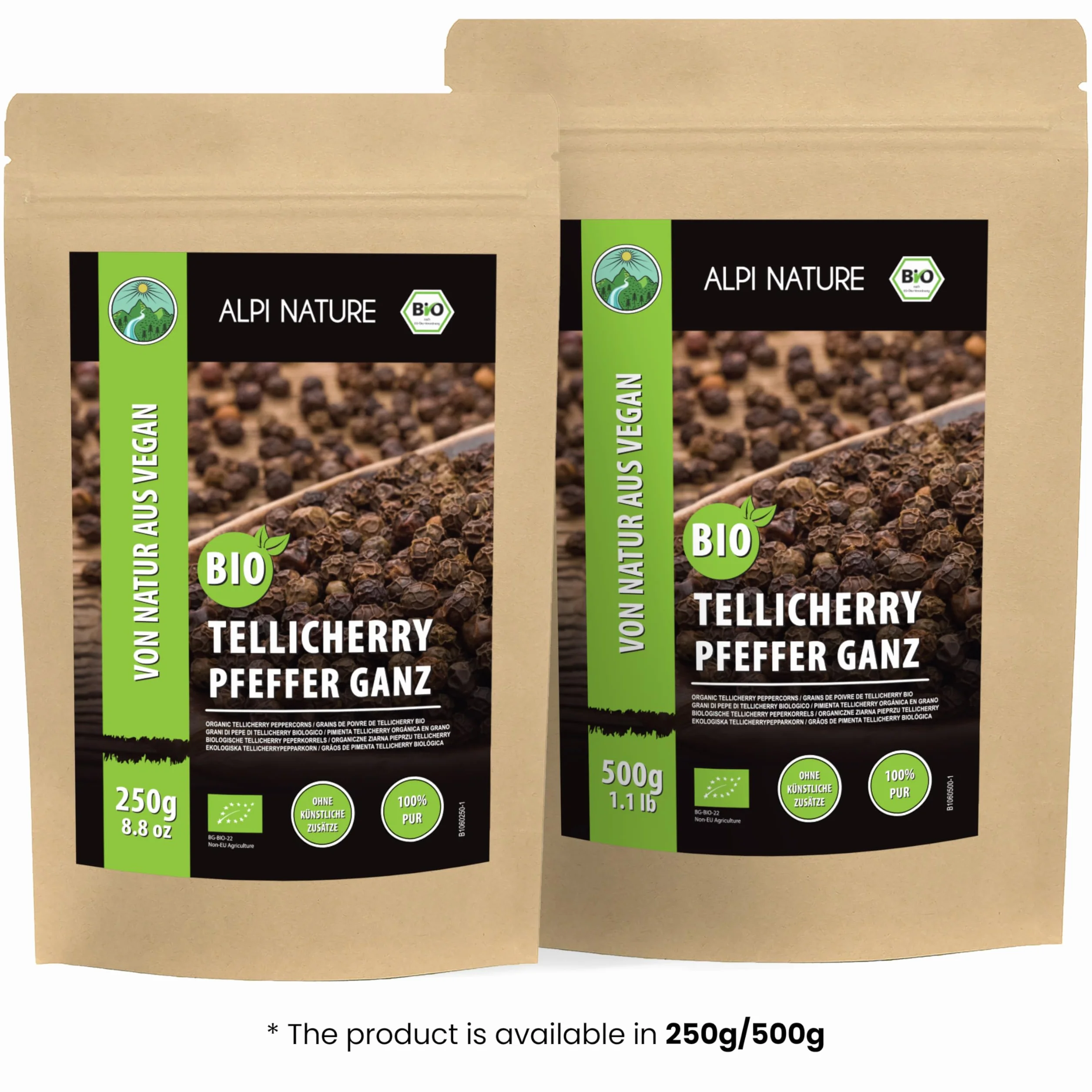 Alpi Nature Pimienta Negra Tellicherry Orgánica en Grano 250g, Granos de Pimienta Tellicherry Enteros