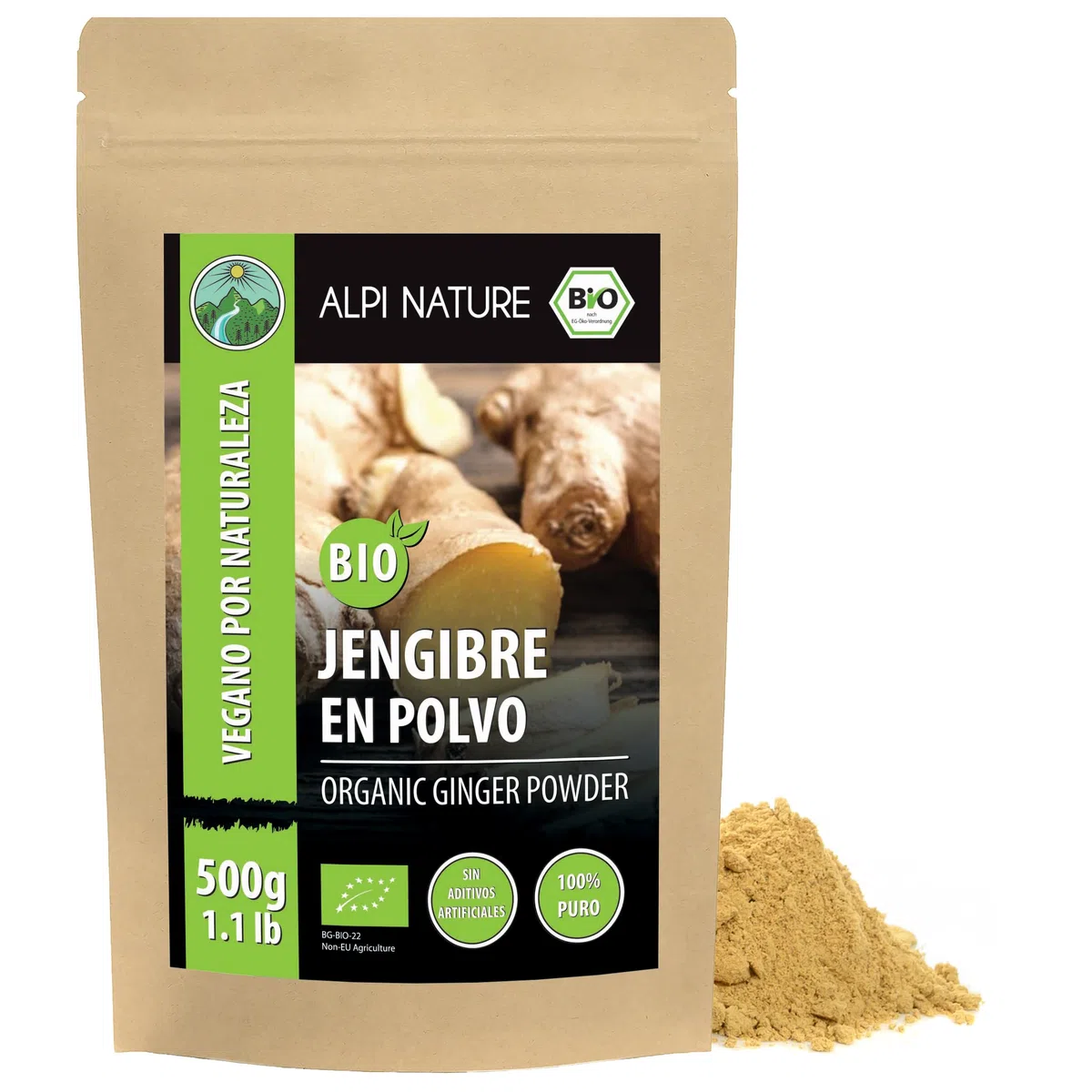 Alpi Nature Jengibre Orgánico en Polvo 500g, Raíz de Jengibre Molida y Seca para Cocinar