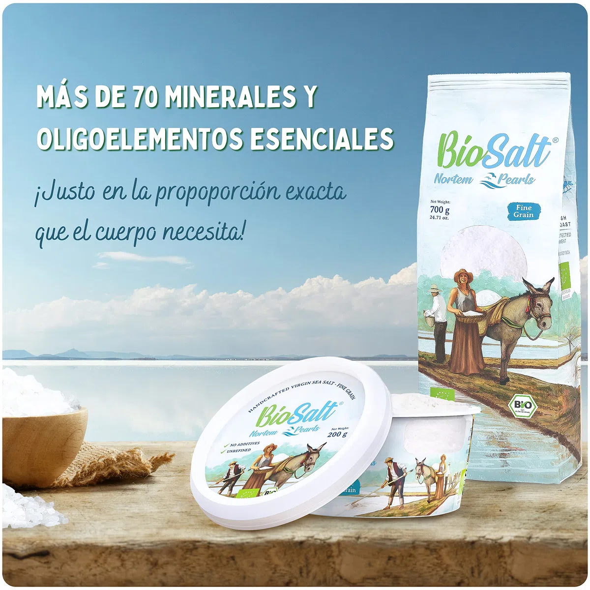 BioSalt Sal Marina Virgen Ecológica 2 x 650 g Extra Gruesa Sal de Cádiz 100% Natural Sin Refinar y Rica en Minerales + Sal Gourmet Cocina Saludable + eBook Exclusivo de Recetas Gourmet