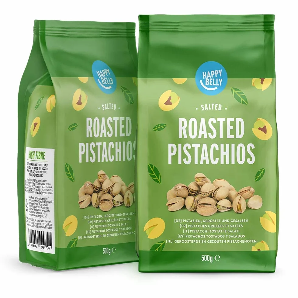 Marca Amazon - Happy Belly Pistachos tostados y salados, Sal Marina, 1000g (Paquete de 2 x 500 g)