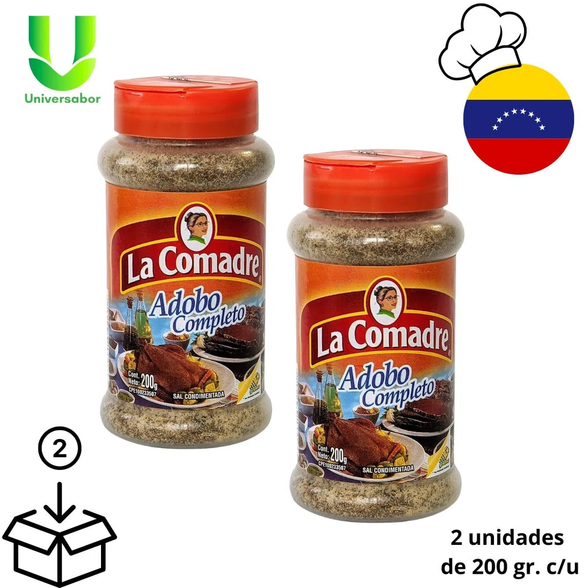 Adobo La Comadre 200 g | Pack de 2 Unidades | Sazonador Tradicional Latino para Carnes, Guisos, Parrillas y Mariscos | Hecho en Venezuela