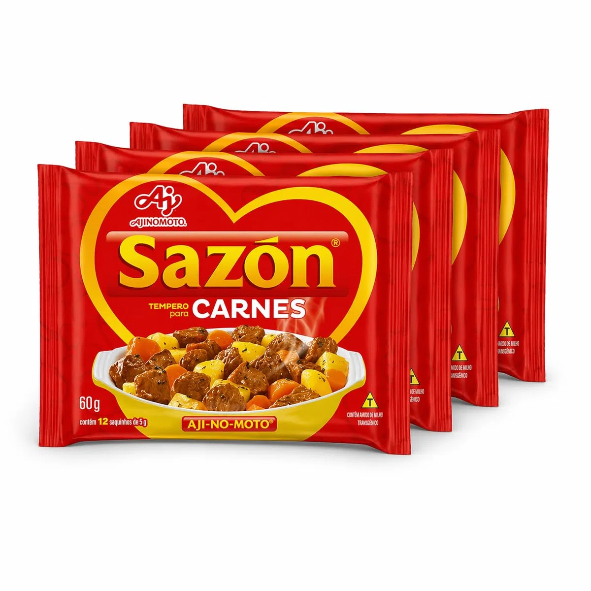 Sazón para Carnes Ajinomoto 60g (12 Sobres) – Pack de 4 Unidades | Condimento Latino para Carne, Sazonador con Especias, Sabor Intenso y Práctico
