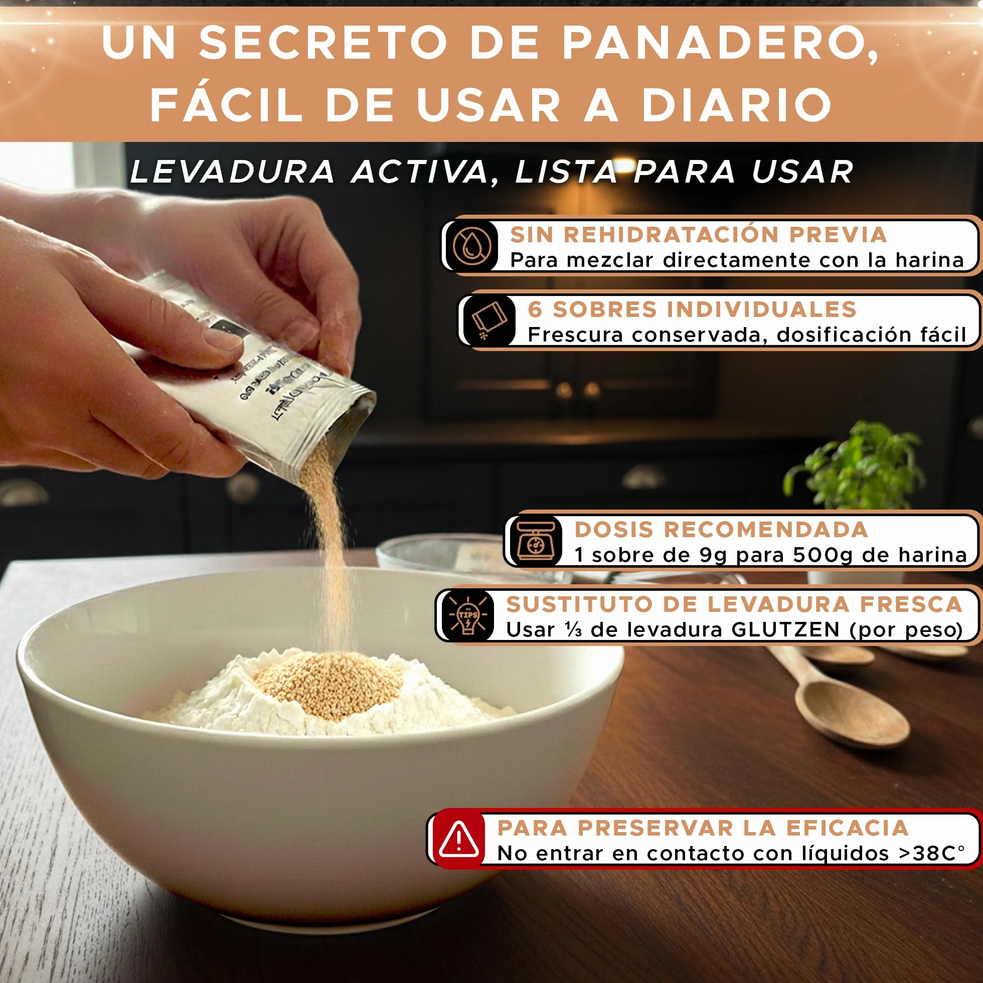 Levadura Seca Instantánea Sin Gluten Bio GLUTZEN 6x9g Activa para Pan y Pizza