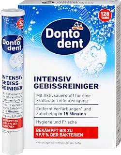 Compresas de limpieza para prótesis intensivas, Value Pack, 128 piezas - Marca DM Alemania - Compatible con dontodent - Gebissreiniger Tabs intensiv, Vorteilspack, 128 St