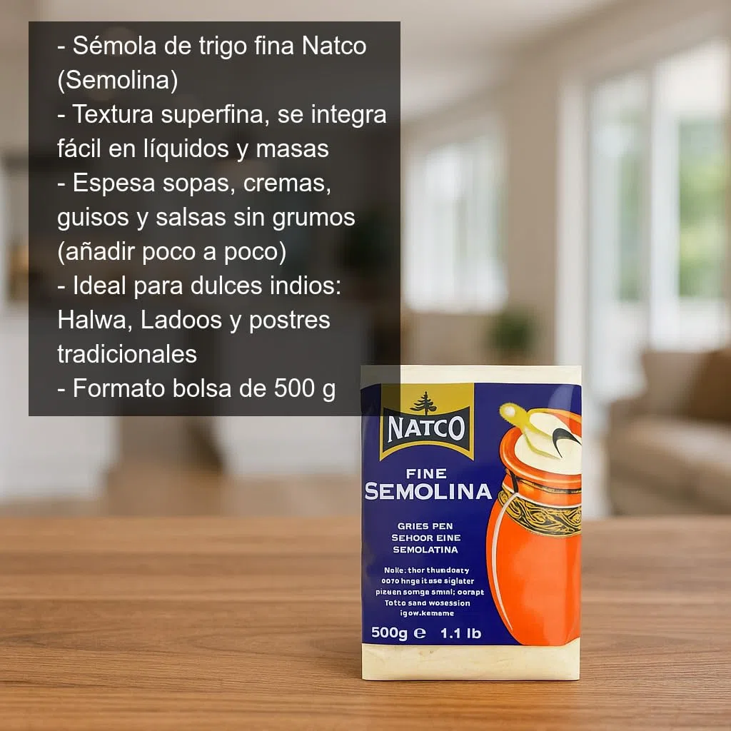 Sémola de trigo fina 500 g textura superfina para espesar sopas y cremas, repostería y dulces tipo halwa, ladoos, gachas