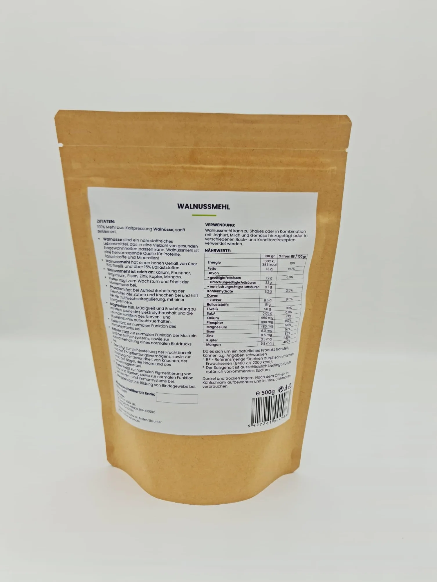 Harina de nueces, 500 g, fibra alimenticia de Hortus Verdi, sin gluten, harina de nueces, 100% natural, vegana, rica en proteínas
