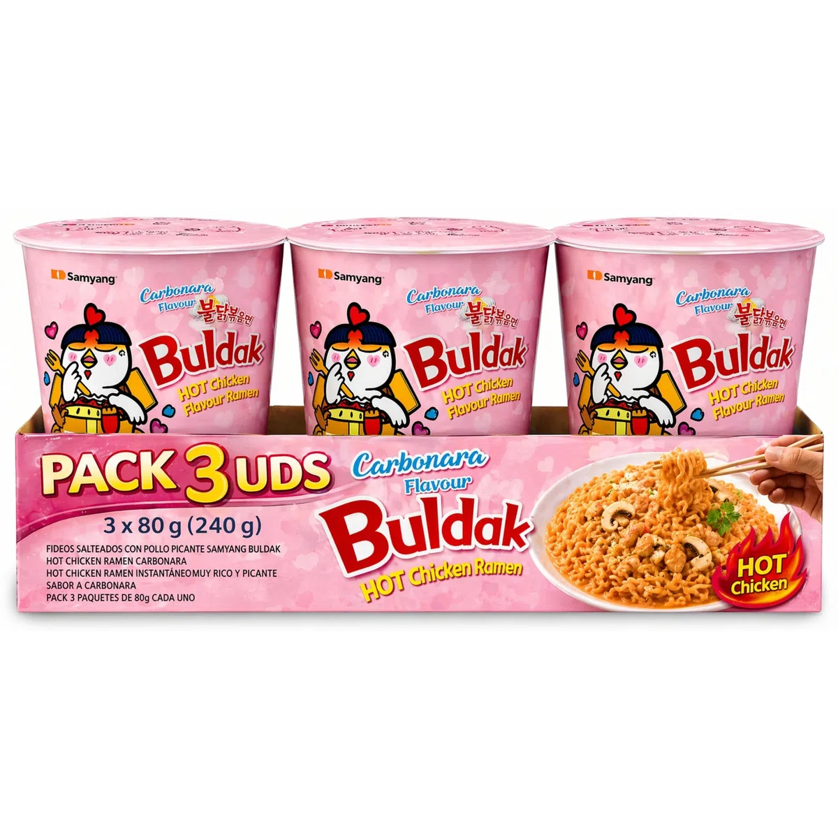 Ramen con fideos salteados con pollo picante Samyang Buldak, Hot Chicken Ramen Carbonara, Hot chicken ramen instantáneo muy rico y picante, Sabor a carbonara, Pack 3 paquetes de 80g cada uno