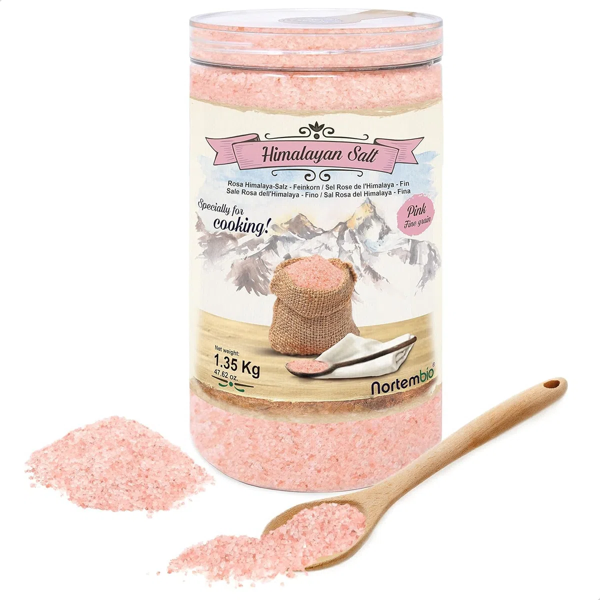 Nortembio Sal Rosa del Himalaya 1,35 kg Grano Fino (1–2 mm) Origen Pakistán Sal Mineral Natural sin Refinar para Uso Culinario. Gratis eBook con Recetas!
