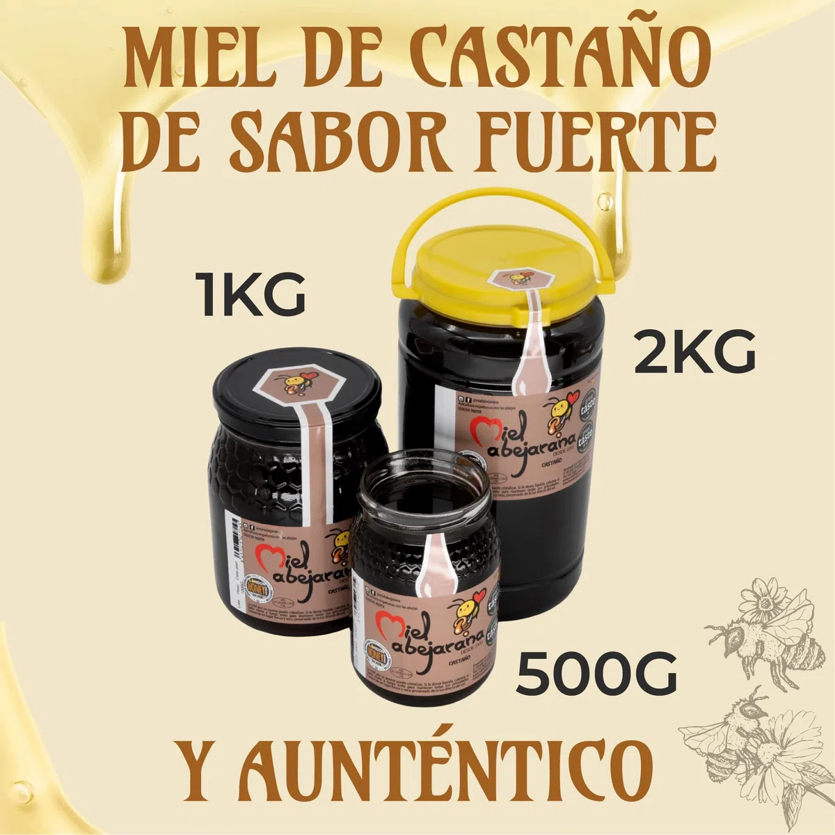 Miel de Castaño 1 kg Cruda Sin Filtrar Ni Pasteurizar Pura de Abeja y Natural Conserva sus Propiedades al ser Recolectada en Frio Sabor Suave y Equilibrado Origen España Envase Reutilizable