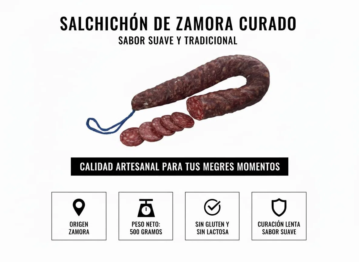 Salchichón de Zamora Curado Artesanal | Sabor Suave y Tradicional | 100% Carne de Cerdo | Ideal para Tapas y Tabla de Embutidos Salchichón Sarta de unos 500 grs.Producto artesano Gourmet
