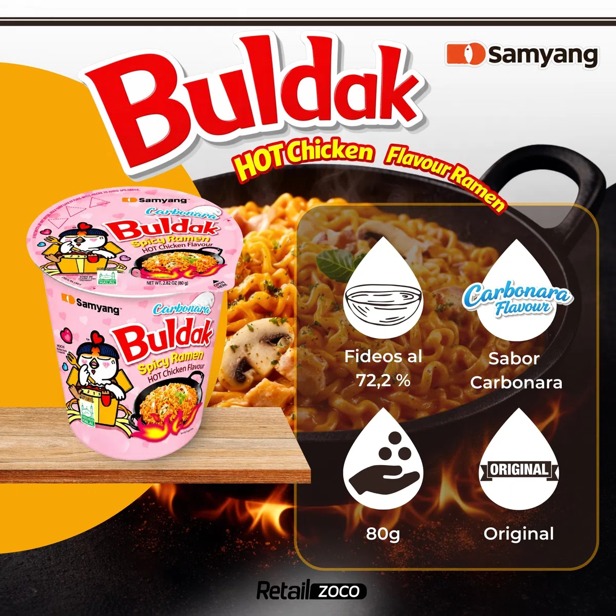 Ramen con fideos salteados con pollo picante Samyang Buldak, Hot Chicken Ramen Carbonara, Hot chicken ramen instantáneo muy rico y picante, Sabor a carbonara, Pack 3 paquetes de 80g cada uno