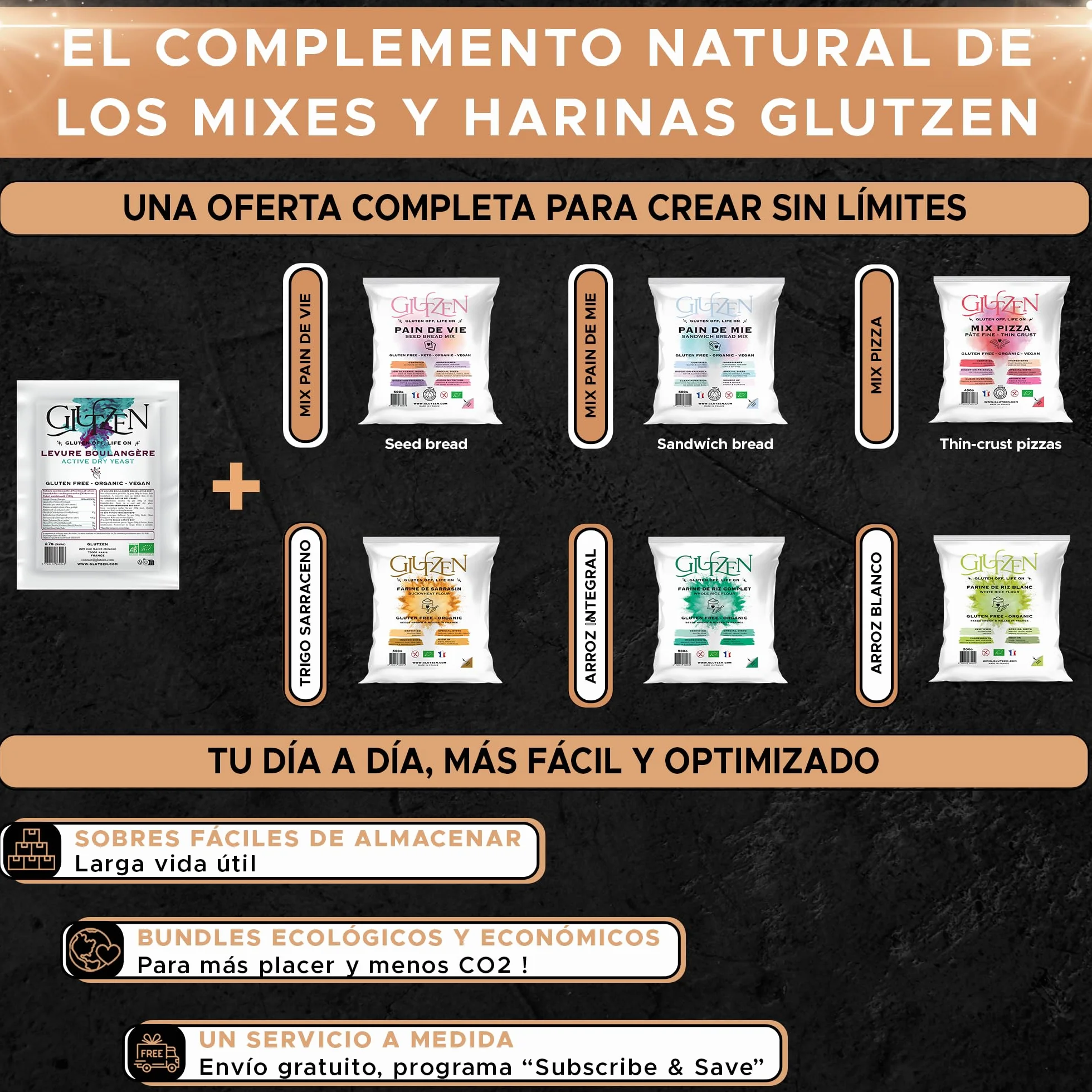 Levadura Seca Instantánea Sin Gluten Bio GLUTZEN 6x9g Activa para Pan y Pizza